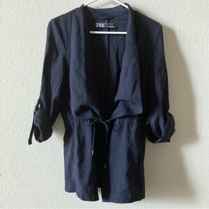 Zara Navy Blue Minimalist Contemporary Business Casual Tie Front Safari Jacket